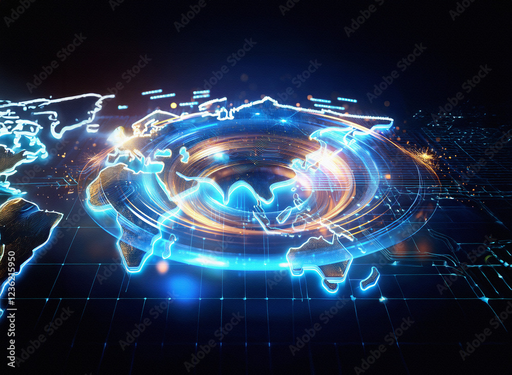 Aufkleber abstract sci-fi double exposure image. glowing world map encircled by a futuristic, digital ring aga