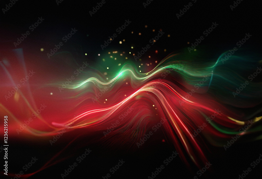 Poster Abstract sci-fi background featuring a double exposure effect.  Swirling red and green light waves create a dynamic, otherworldly landscape.  Specks of light add depth.