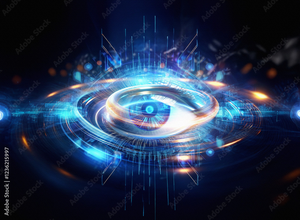 Poster abstract sci-fi double exposure image depicting a glowing eye at the center of a swirling technologi
