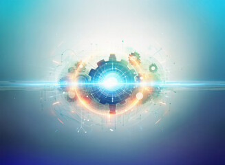 Abstract sci-fi double exposure image. Glowing central mechanism with gears and light streaks against a soft blue background.  Intricate details suggest technological advancement and futuristic design