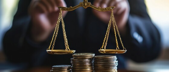 Scales of justice, business professional weighing coins to symbolize financial balance, investment decisions, legal considerations, and economic prosperity in wealth management.