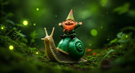 Happy Gnome Riding Snail in Magical Forest Scene