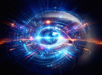 Fototapeta premium Abstract sci-fi double exposure image of a glowing eye, surrounded by vibrant, swirling energy. Futuristic background with digital elements.