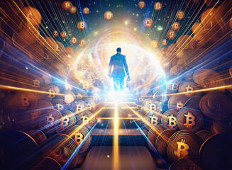Abstract sci-fi double exposure image. A lone figure walks towards a glowing orb amidst a...