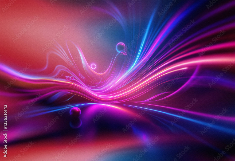 Poster abstract sci-fi background featuring a double exposure effect. vibrant pink, purple, and blue light 