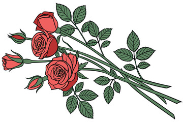  Red roses bouquet, watercolor painting, botanical illustration, vibrant colors, long stem, green leaves, floral arrangement, romantic, Valentine's Day, delicate petals, realistic details, white backg