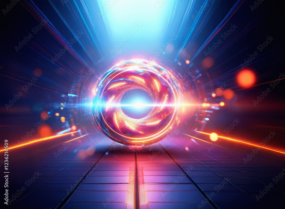 Poster abstract sci-fi double exposure image. glowing orb with vibrant energy pulses, set against a dark, f