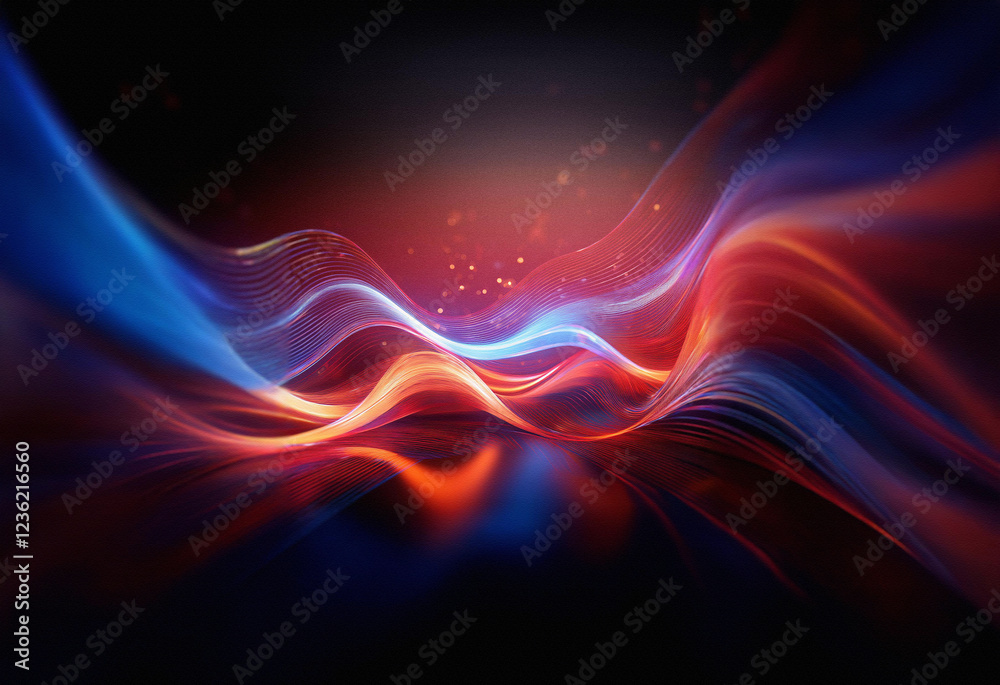 Poster Abstract sci-fi background featuring a double exposure effect.  Glowing red and blue waves flow across a dark, reflective surface, creating a dynamic, futuristic atmosphere.