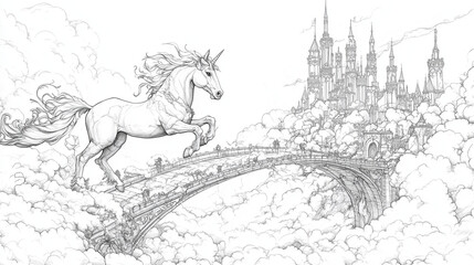 Naklejka premium Majestic unicorn leaping through clouds with a castle in the background for fantasy coloring pages