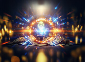 Abstract sci-fi double exposure image. Glowing lightbulb, symbolizing a brilliant idea, sits on a pile of money, surrounded by energy and dollar signs.  Dark background.