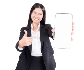 Confident businesswoman in a black suit smiling while presenting smartphone with blank screen, pointing to mobile phone Use for advertising, marketing or promotional