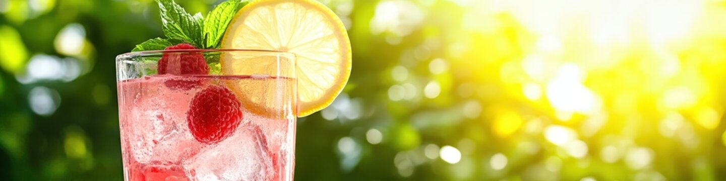 cocktail with raspberries and ice on a garden background. Selective focus