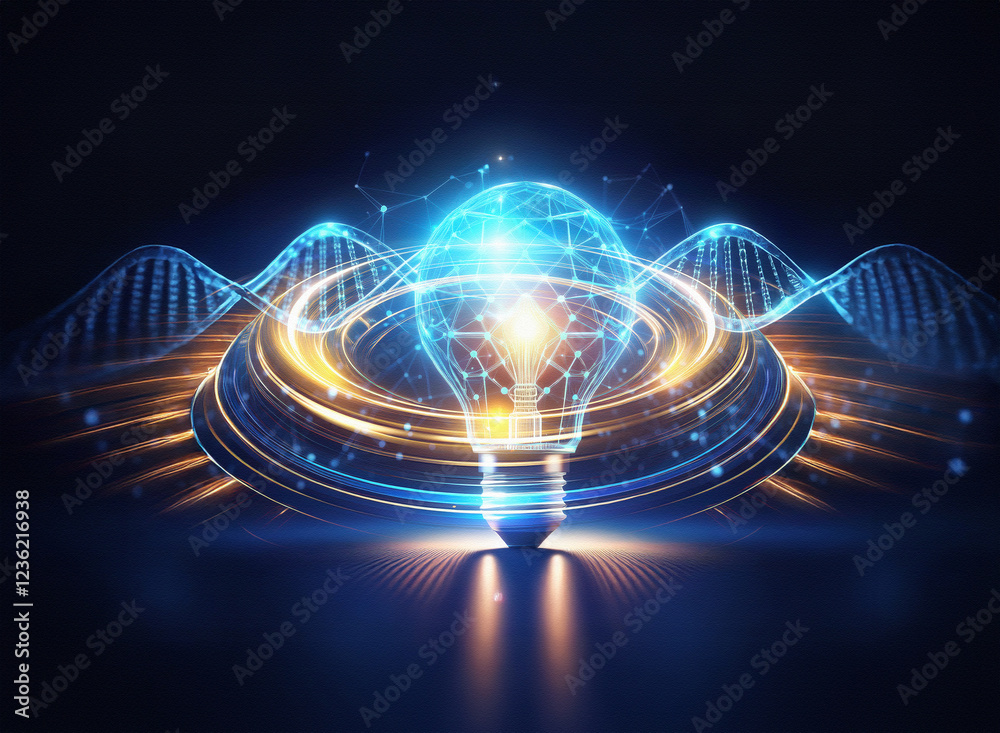 Fototapete abstract sci-fi double exposure image depicting a glowing lightbulb formed from interconnected nodes