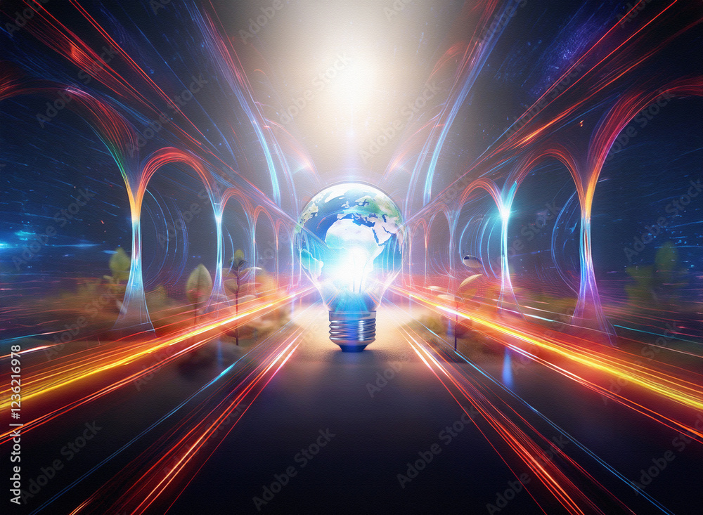 Poster Abstract sci-fi double exposure image. Glowing Earth inside a lightbulb on a futuristic highway, streaks of light form an arched tunnel background.