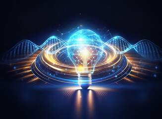 Abstract sci-fi double exposure image depicting a glowing lightbulb formed from interconnected nodes, set against a dark background with swirling DNA-like structures.