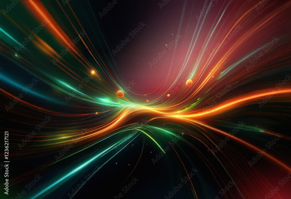 Poster Abstract sci-fi background featuring a double exposure effect.  Vibrant, swirling light streaks and glowing orbs create a sense of dynamic movement and depth within a dark cosmic setting.