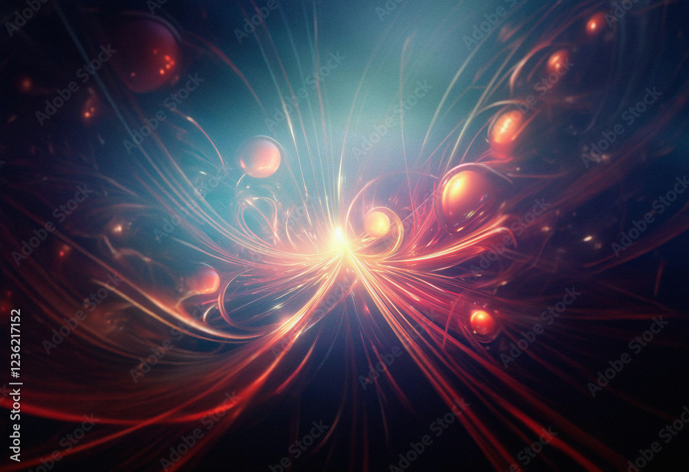 Poster Abstract sci-fi background featuring a double exposure effect.  Intricate, glowing lines radiate from a central point, interspersed with luminous orbs, creating a vibrant and dynamic cosmic scene.