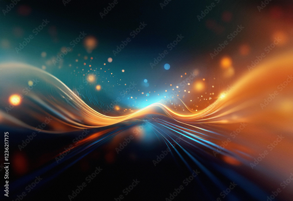 Aufkleber Abstract sci-fi double exposure artwork. Glowing orange and teal waves flow over a dark background, creating a futuristic, dynamic landscape.  Sparkling particles add depth.