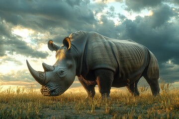 Fototapeta premium Majestic White Rhino Grazing in African Savanna Sunset