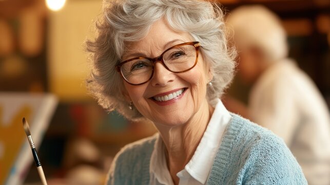 Senior woman smiling and holding a paintbrush in art class, surrounded by fellow artists, showcasing creativity and joy in retirement activities.