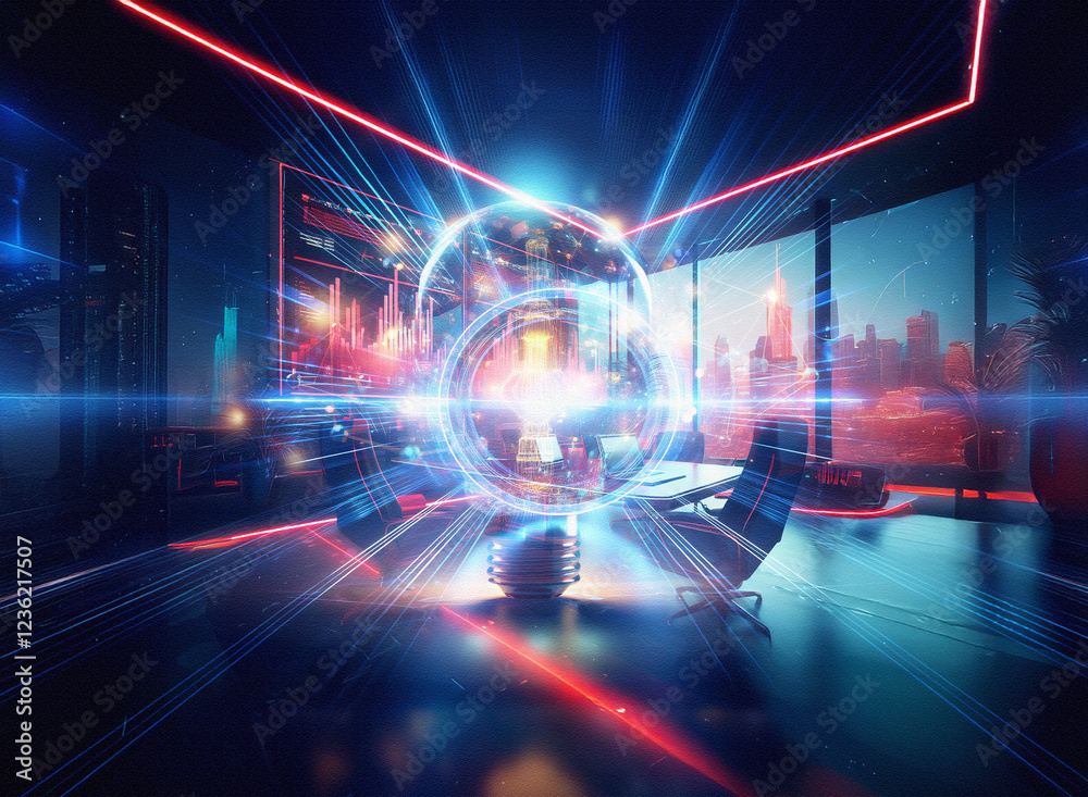 Poster abstract sci-fi double exposure image depicting a futuristic gaming setup. a glowing orb centers the