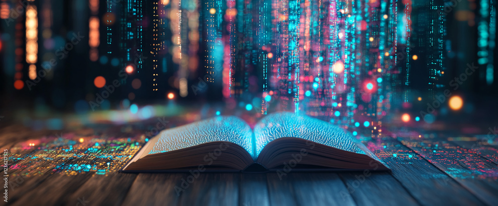 Poster Open book with glowing particles rising from its pages, surrounded by colorful light bokeh effects, symbolizing creativity, knowledge, and the magic of imagination.
