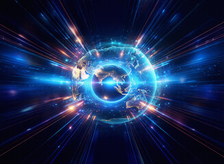 Obraz premium Abstract sci-fi double exposure image. A glowing sphere, possibly a planet, is at the center, surrounded by radiating light streaks against a dark background. The effect is dynamic and futuristic.