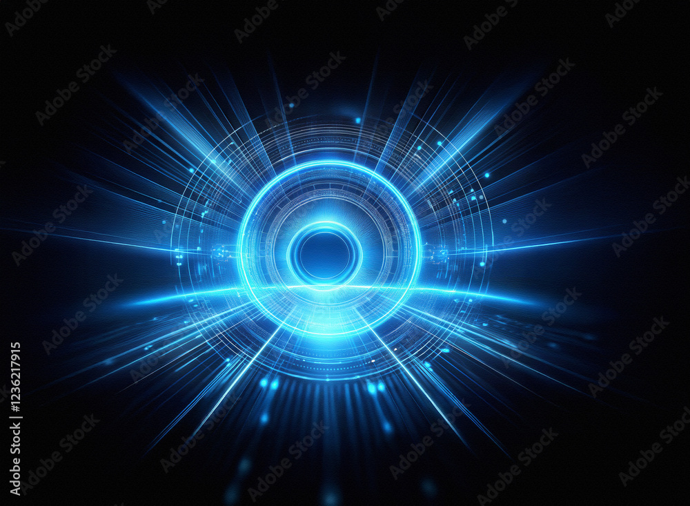 Poster abstract sci-fi background featuring a double exposure of a glowing blue circular portal with radial