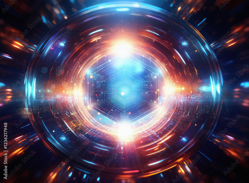 Poster Abstract sci-fi background featuring a double exposure of a glowing hexagonal core within concentric rings of vibrant light.  A futuristic portal or tunnel effect is created.