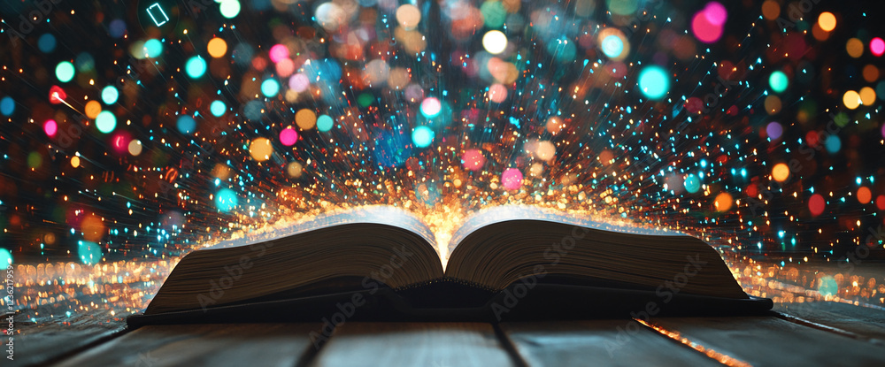 Aufkleber open book with glowing particles and colorful light bursts emanating from its pages, symbolizing cre