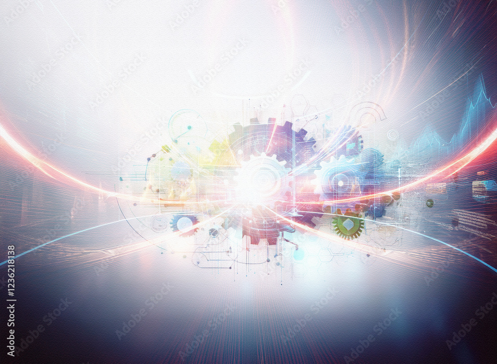 Aufkleber Abstract sci-fi background featuring a double exposure of colorful gears and digital elements, creating a dynamic, futuristic aesthetic.