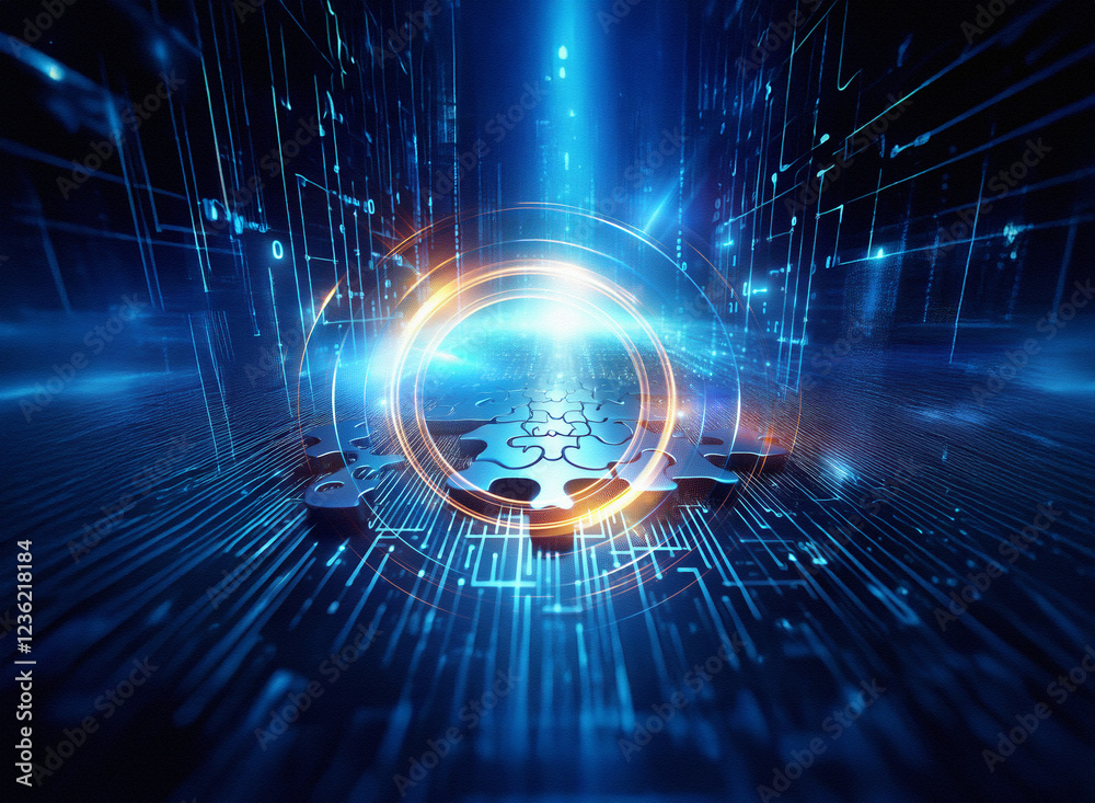 Aufkleber Abstract sci-fi double exposure background image featuring glowing puzzle pieces within a circular frame, set against a futuristic circuit board backdrop.  The scene evokes a sense of technological ad