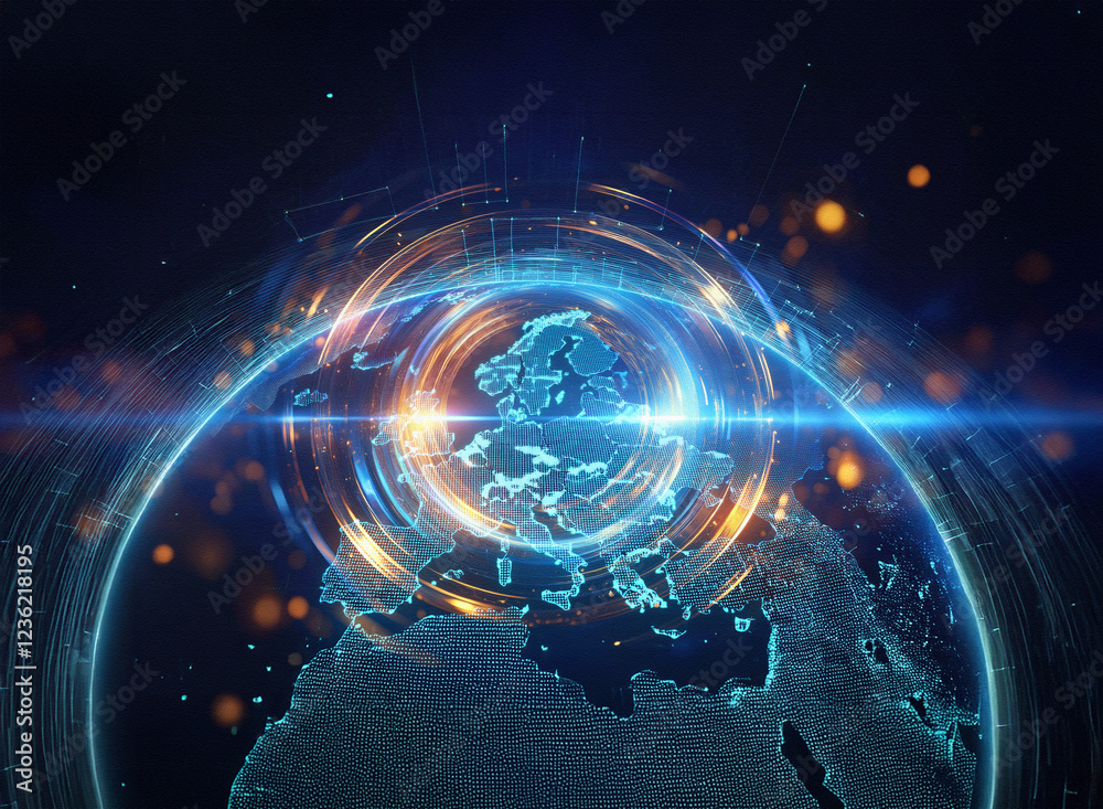 Poster abstract sci-fi double exposure image featuring a digitally rendered planet earth encircled by glowi