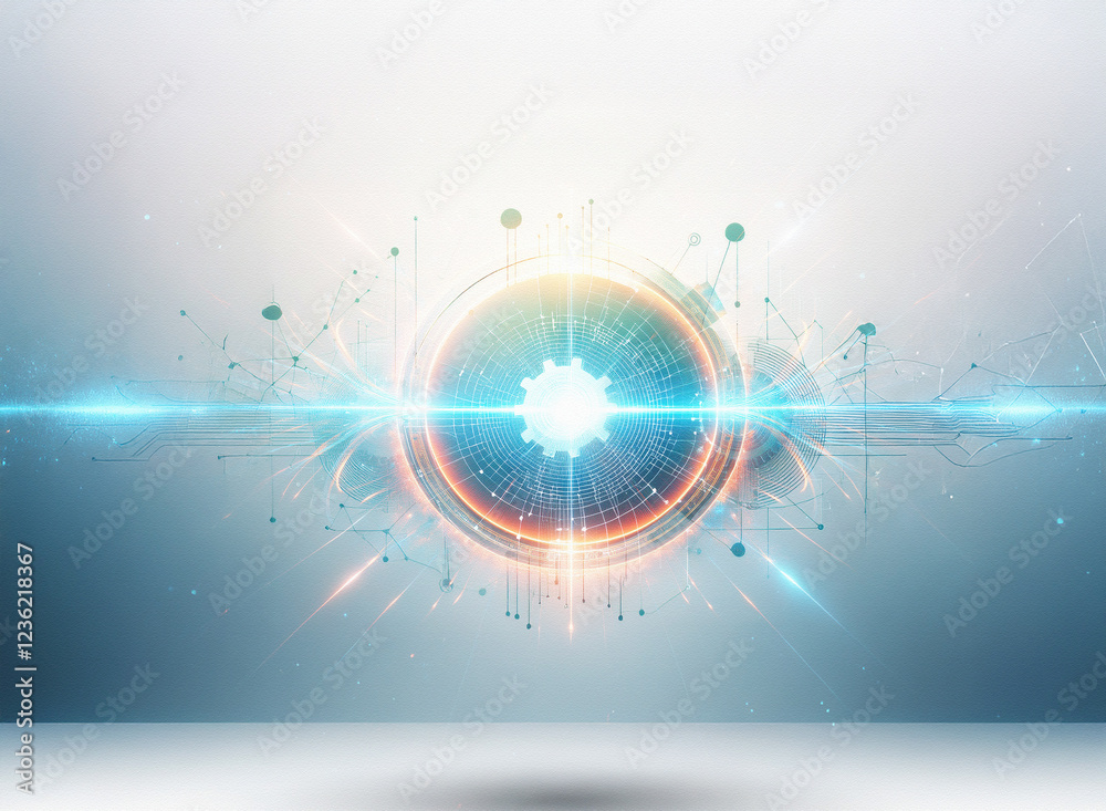 Poster abstract sci-fi double exposure image. glowing circle with intricate design, light streaks, and geom