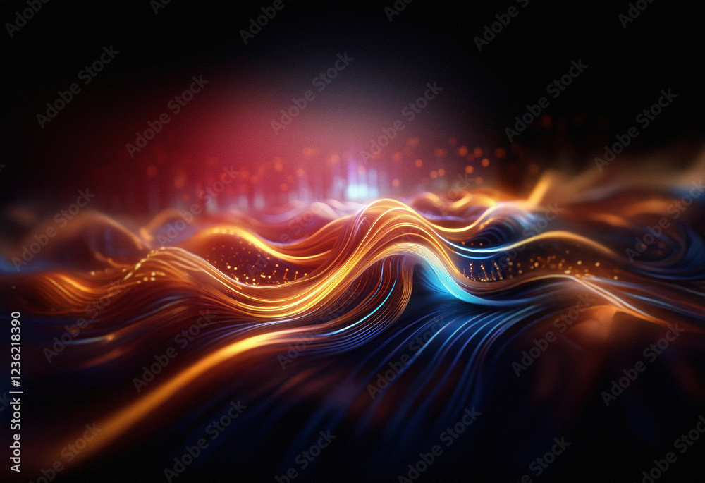 Poster abstract sci-fi background featuring a double exposure of flowing, luminous waves in vibrant orange 