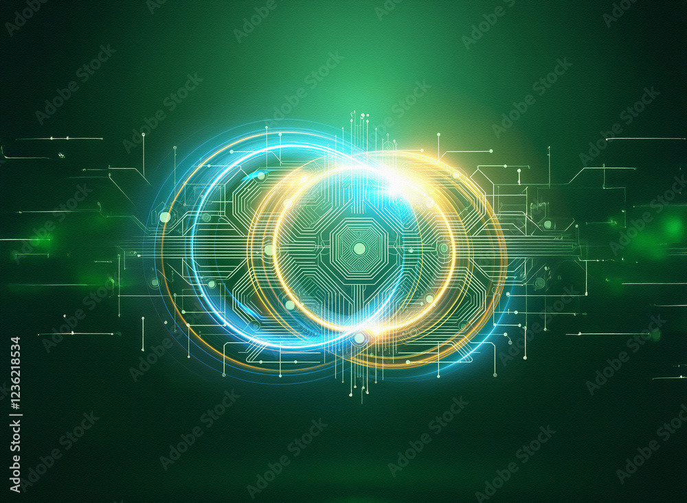 Leinwandbilder Abstract sci-fi double exposure image. Glowing, interconnected rings on a dark green background with circuit board patterns.  The design evokes a sense of futuristic technology and energy flow.