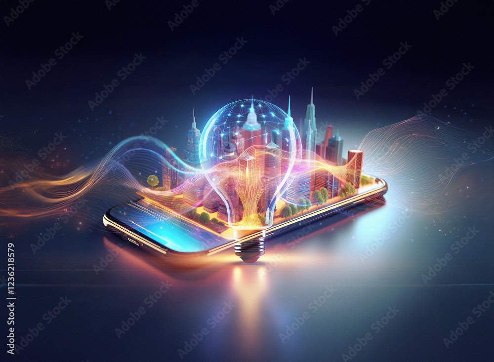 Poster abstract sci-fi double exposure image of a city miniature inside a glowing lightbulb on a smartphone