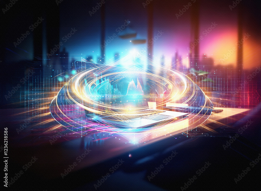 Aufkleber Abstract sci-fi double exposure image. Glowing circular data streams hover above a desk against a blurred city background.  Futuristic technology concept.