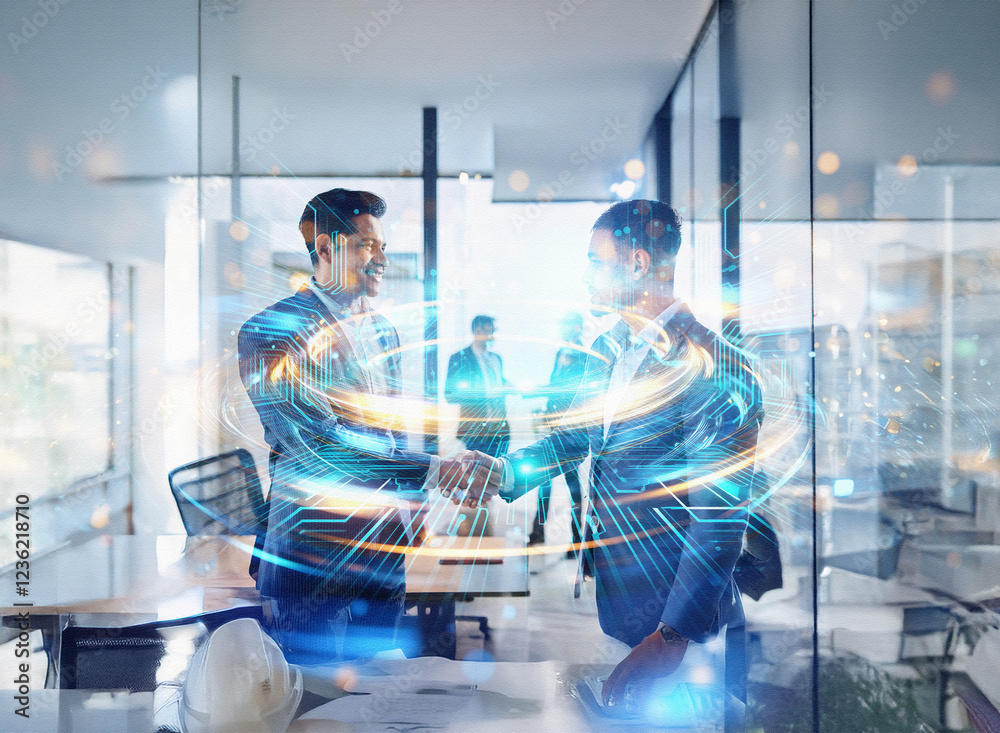 Poster Abstract double exposure image. Sci-fi style background depicts two businessmen shaking hands, surrounded by glowing technological elements.  A meeting in progress is subtly visible in the background.