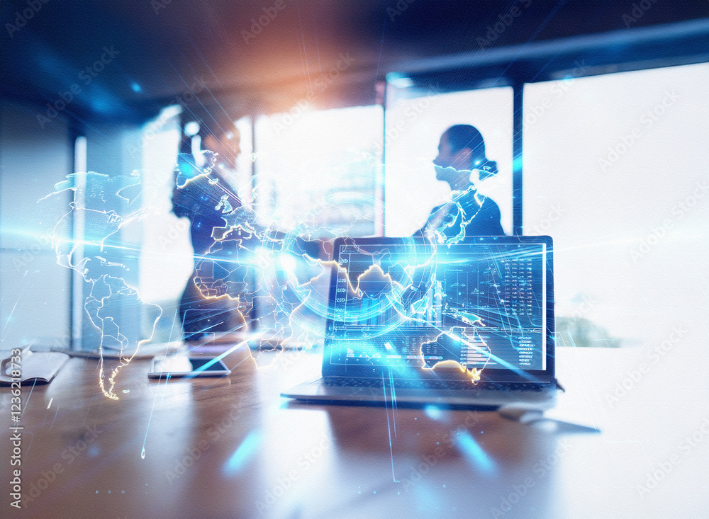 Poster abstract double exposure image depicting a sci-fi business handshake with a glowing world map backgr