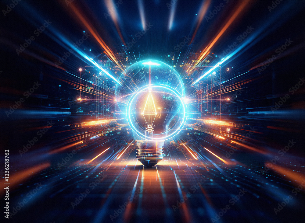 Poster Abstract sci-fi double exposure image of a glowing lightbulb, set against a dynamic background of streaks and digital elements.  It evokes a sense of innovation and futuristic technology.