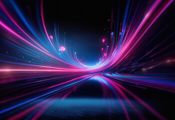 Abstract sci-fi background featuring a double exposure effect of vibrant pink and blue light trails, creating a futuristic, dynamic scene.  The glowing streaks curve and intersect, suggesting speed an