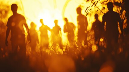 Fototapeta premium Silhouettes of people walking in golden sunlight at dusk, portraying unity and connection in nature during outdoor activities or evening gatherings.