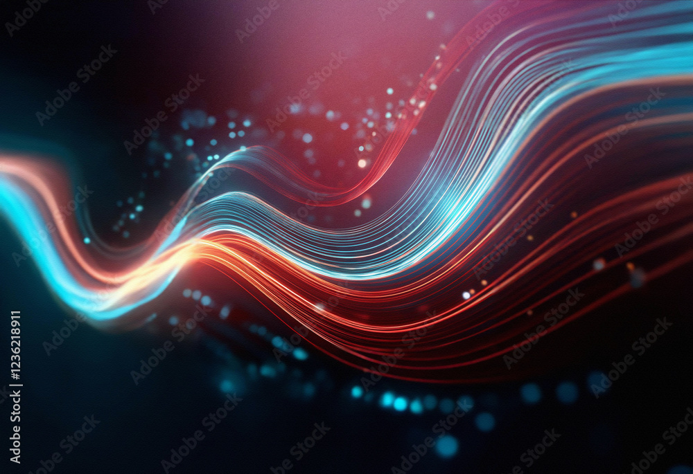 Poster Abstract sci-fi background featuring a double exposure effect.  Intertwined, glowing lines of red and blue create a dynamic, wavy pattern against a dark backdrop.  Sparkling particles add depth.