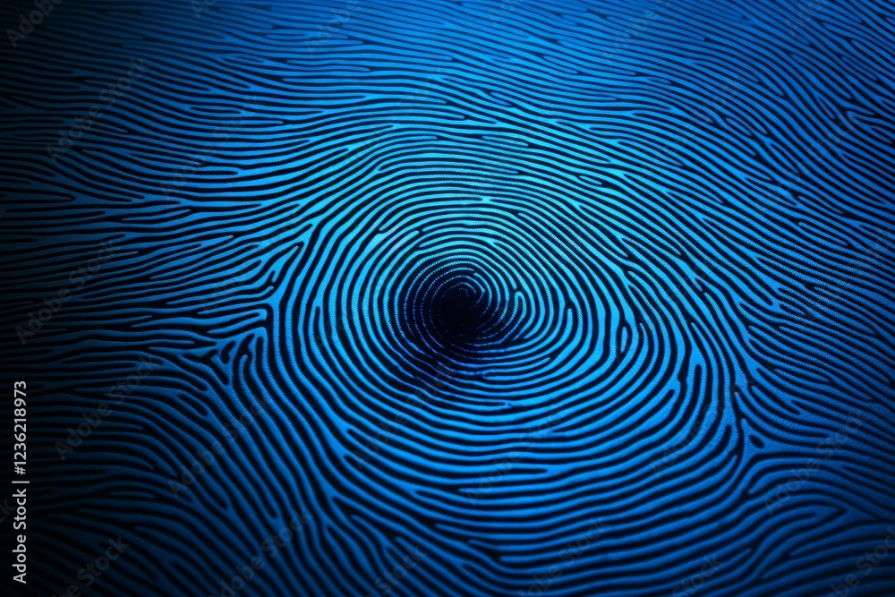 Poster fingerprint pattern with concentric circles creating a unique identity on a vibrant blue background,