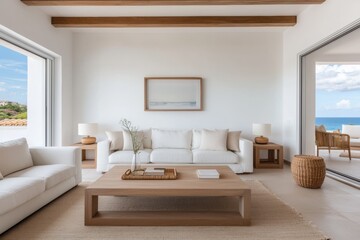 Fototapeta premium Elegant and modern beachside villa featuring an open plan design with stunning ocean views and a serene Mediterranean inspired ambiance