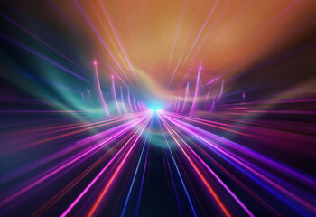 Abstract sci-fi double exposure image depicting a vibrant, colorful light trail, resembling a futuristic highway or tunnel receding into a glowing background.
