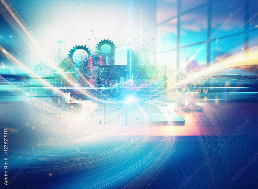 Aufkleber Abstract sci-fi double exposure image depicting futuristic technology and dynamic energy flow against a bright background.  Gears, data streams, and glowing light effects create a sense of movement an