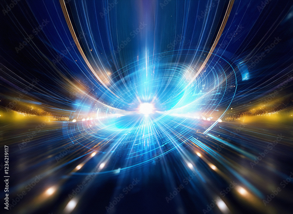 Poster Abstract sci-fi background created with a double exposure technique.  A vibrant, luminous energy core radiates outwards, creating a dynamic, futuristic tunnel effect.