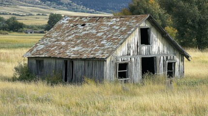 Obraz premium An aged, dilapidated old barn with cracked wood and a faded roof, surrounded by overgrown grass.